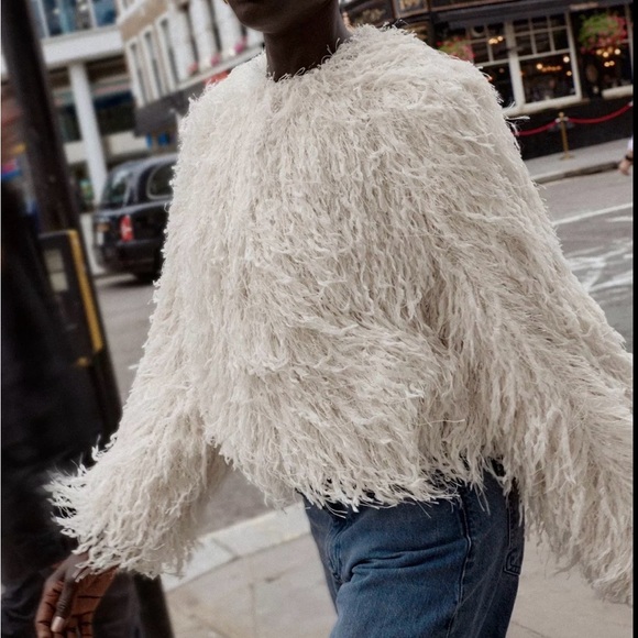 Zara Jackets & Blazers - Zara Cream Feather Fringe metallic jacket